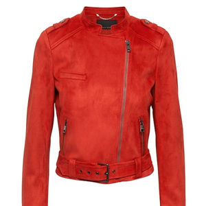 XS Red Vegan Stretch-Suede Moto Jacket